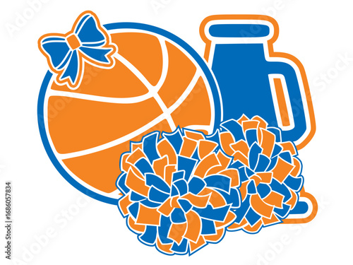 Basketball with a Cheerleading Pom-poms and a Megaphone and a Cheerleader Bow. Basketball Cheerleading illustration.