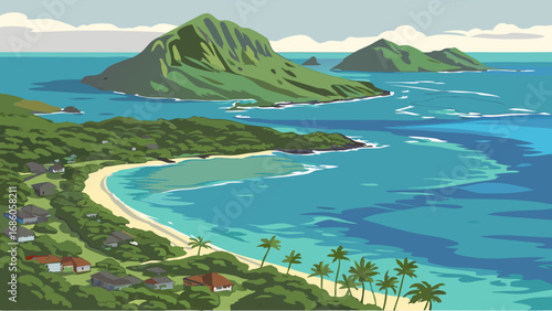 Island beach landscape tropical ocean view coastal homes palm trees turquoise water green hills summer vacation idyllic scene paradise beach coastal scenery holiday destination travel poster tropical.