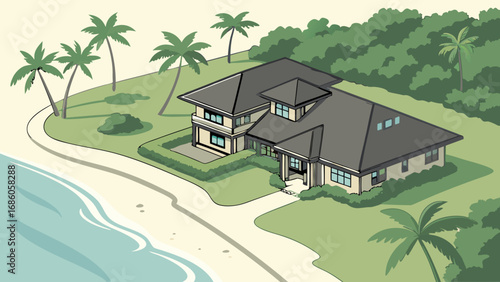 Isometric illustration of a beachfront house with palm trees and lush greenery.