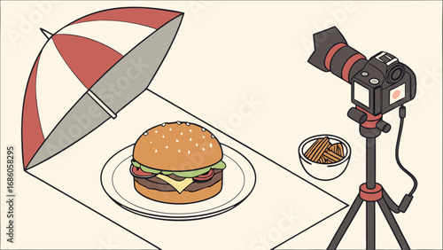 Isometric illustration of a burger photoshoot with camera tripod and umbrella lighting.