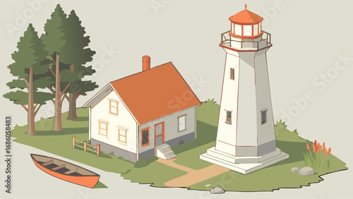 Isometric Illustration of a Lighthouse Keepers House and Rowboat on a Coastal Scene.