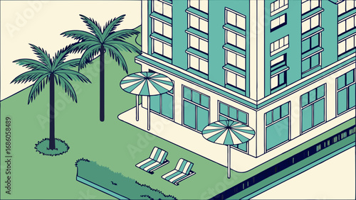 Isometric illustration of a tropical resort building with palm trees and lounge chairs.