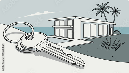 Keys to a modern beachfront house with a pool and palm trees.
