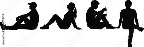 Casual sitting silhouettes, relaxed poses, outdoor leisure, youth lifestyle, black vector people, social interaction, minimal style, modern illustration, isolated figures, simplicity