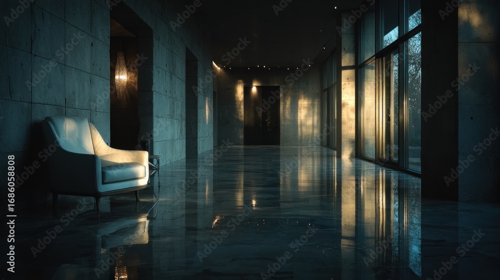 Fototapeta premium Tranquil Interior Space with Armchair and Natural Light Reflections