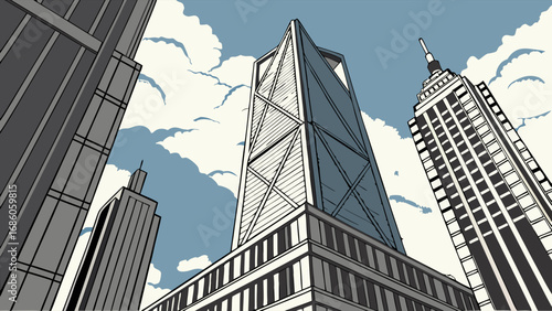 Low Angle View of Modern Skyscrapers Against a Cloudy Sky.