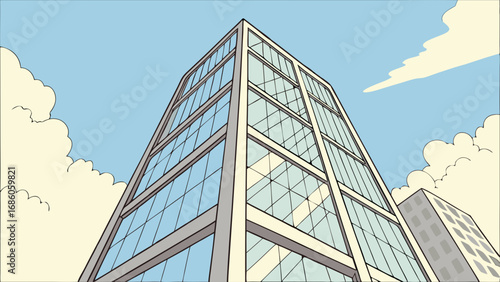 Low Angle View of Modern Skyscraper Against Blue Sky with Clouds.
