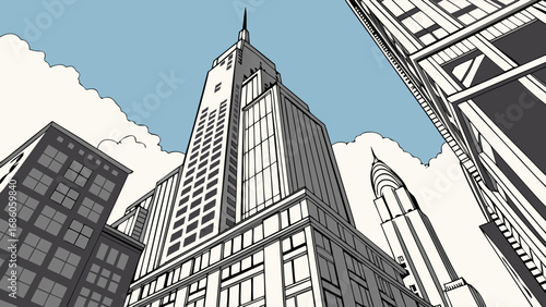 Low Angle View of Modern Skyscrapers and Cityscape under a Partly Cloudy Sky.