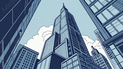 Low Angle View of Modern Skyscrapers and Cityscape Urban Illustration Blue Color Scheme.