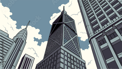 Low Angle View of Modern Skyscrapers and Cloudy Sky Urban Cityscape Illustration Architectural Design Concept.