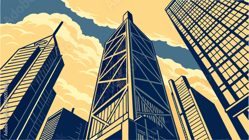 Low Angle View of Modern Skyscrapers and Cloudy Sky Urban Cityscape Illustration.