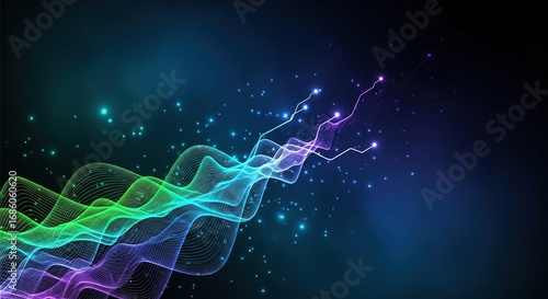 Abstract Glowing Waveforms with Sparkles on Dark Blue Gradient B