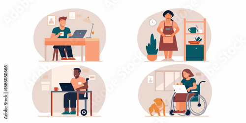 Diverse people working from home and in different professions showing inclusivity and modern work life