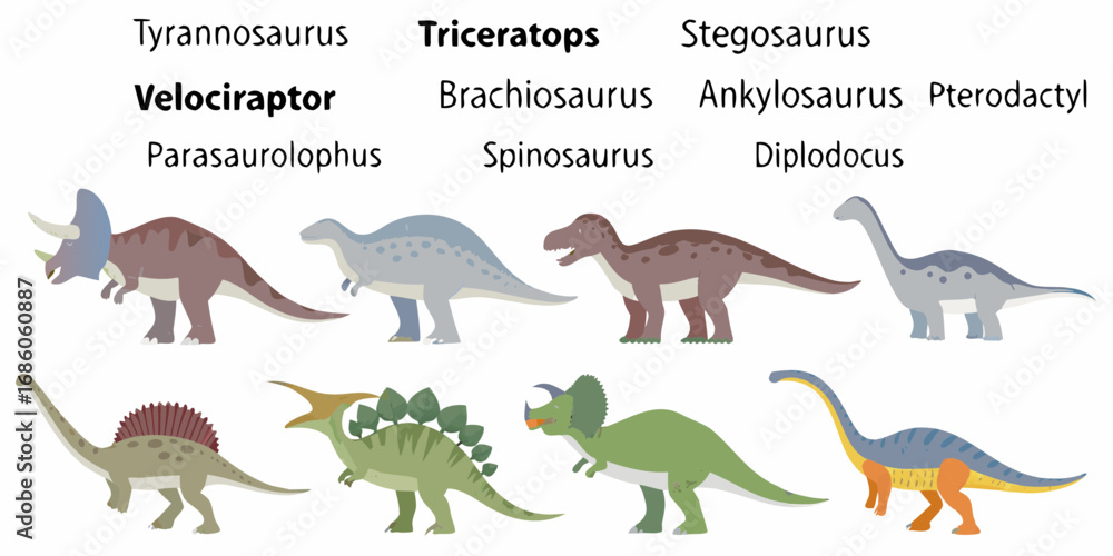 Fototapeta premium Collection of cartoon dinosaurs with their names labeled above each prehistoric creature