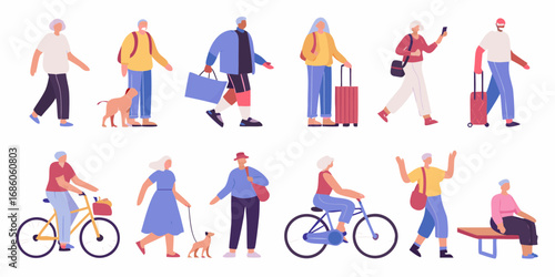 Diverse group of active seniors enjoying various outdoor activities and travel with luggage and pets