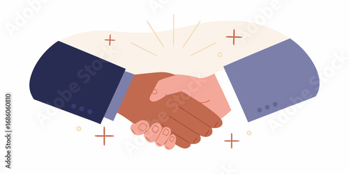 Diverse business partners shaking hands in agreement with abstract shapes and lines symbolizing success and collaboration