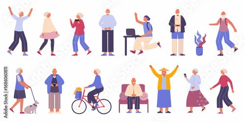 Diverse group of active seniors enjoying various activities and hobbies in a flat design style