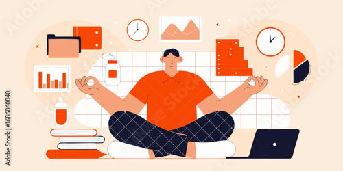 Calm businessman meditating surrounded by business charts and office supplies