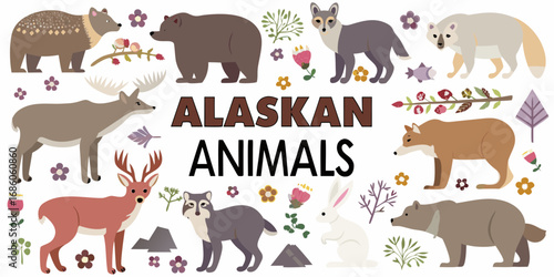 Collection of diverse alaskan wildlife and flora illustrated in a charming flat design style