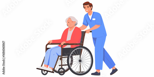 Caring male nurse pushing an elderly woman in a wheelchair with a gentle smile