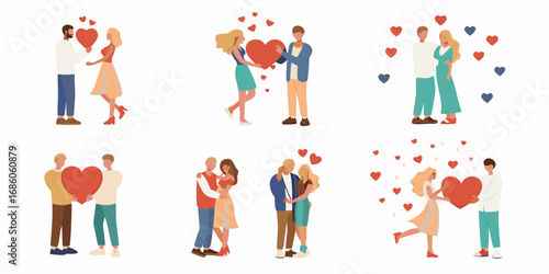 Collection of diverse couples expressing love and affection with hearts and romantic gestures