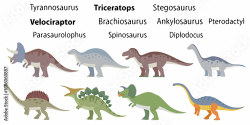 Collection of cartoon dinosaurs with their names labeled above each prehistoric creature