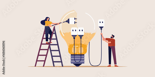 Teamwork and collaboration to create a bright new idea or innovation with a giant light bulb