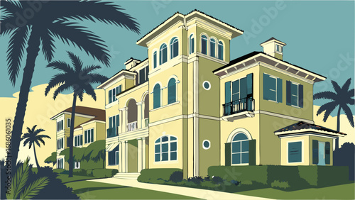 Mediterranean style house illustration tropical home palm trees architectural design villa coastal property real estate home exterior luxury residence oceanfront house summer house vacation home prop.