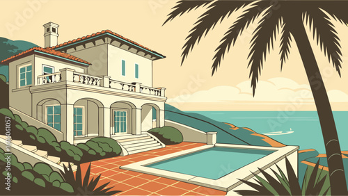 Mediterranean Villa by the Sea Luxury Home Pool Ocean View Illustration.