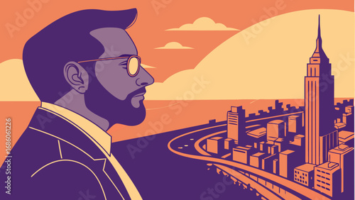 Stylish Man Contemplating Cityscape at Sunset Modern Art Illustration.