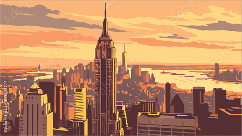 Stylized Cityscape at Sunset Urban Skyline Illustration High-Rise Buildings Golden Hour Architectural Art Modern City Downtown View Evening Cityscape City Panorama Urban Background Vector Illustratio.
