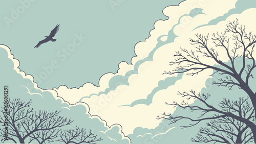 Stylized illustration of birds flying above clouds and bare trees.
