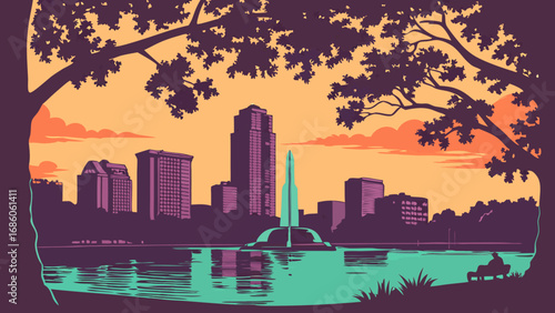 Urban Sunset Cityscape with Lake and Person on Bench.