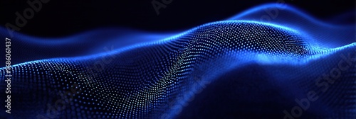 A digital abstract image with blue dotted wave patterns on a dark background, conveying a sense of technology and futurism.
