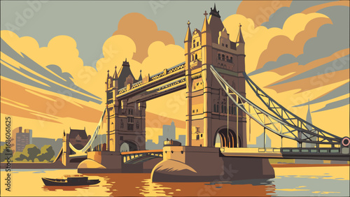Vintage Style Bridge at Sunset Iconic Architecture Travel Poster Design River Scene Cityscape Illustration.