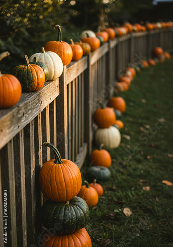 A long row of pumpkins arranged along a wooden fence in a garden, creating a festive autumn display perfect for the fall season