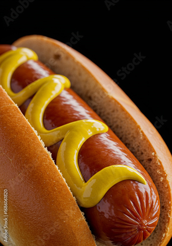 Appetizing hot dog with mustard on a bun, showcasing classic American fast food cuisine on a dark background