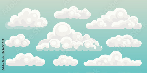 Collection of fluffy white cumulus clouds scattered across a clear blue sky background