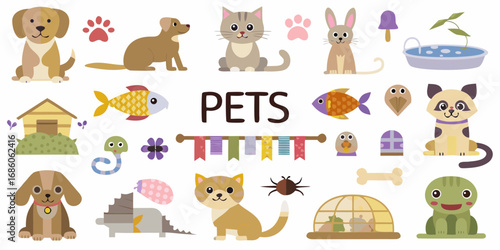 Collection of cute cartoon animals and pet accessories for childrens designs