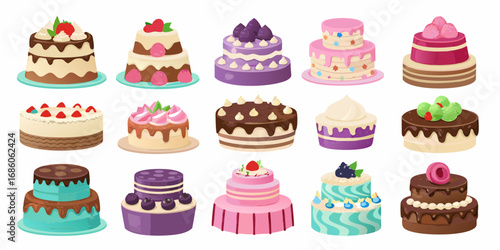 A collection of delicious and colorful celebration cakes with various toppings and decorations