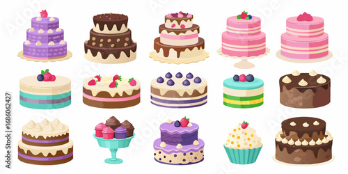 Collection of various colorful and delicious cakes and cupcakes for celebrations and parties