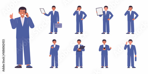 Collection of diverse businessmen in blue suits performing various actions and holding devices