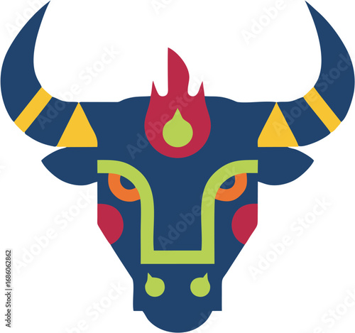 Stylized bull head design with geometric patterns and flame elements, representing strength and power