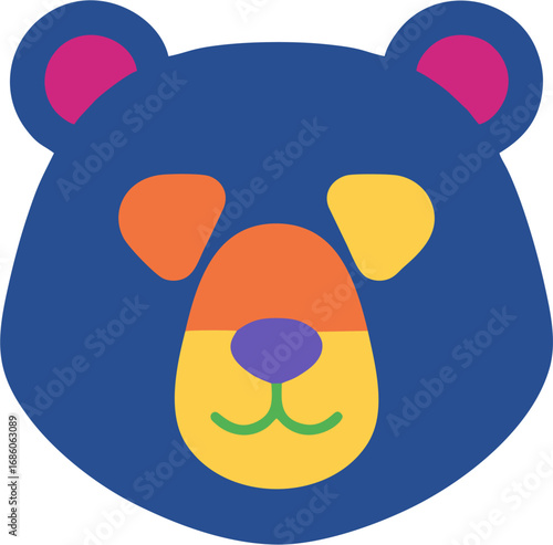 A vibrant and friendly bear head illustration featuring a modern, flat design with a playful color palette, perfect for kids' projects and whimsical branding