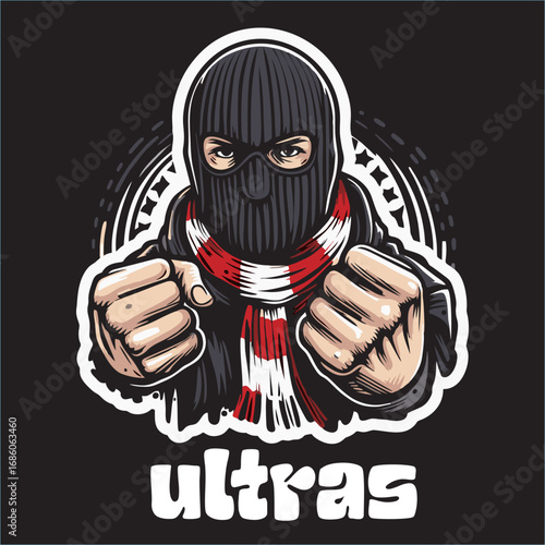 illustration vector graphic of Football fans ultras hooligan with blue white scarf design for logo, t-shirt, etc