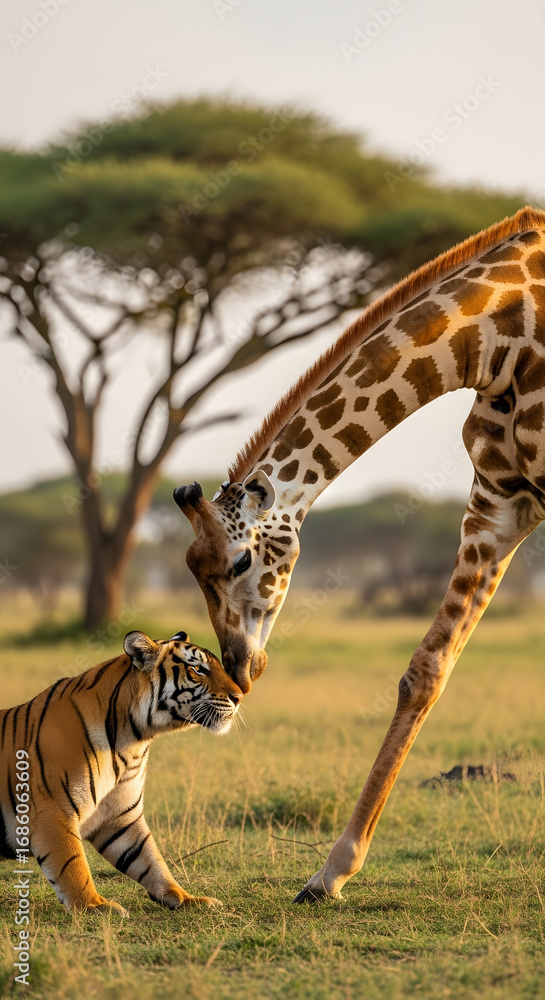 Fototapeta premium Wildlife Connection: Giraffe & Tiger Together