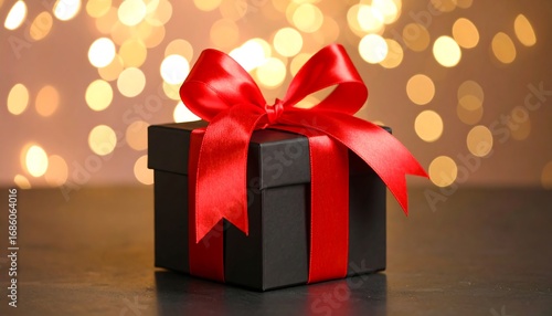 A black gift box with a red ribbon, set against a bokeh background
