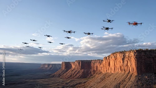 Drone swarm flying over the magnificent canyon landscape