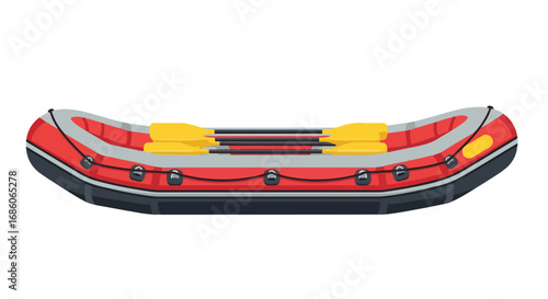 Vivid red inflatable raft illustration with yellow oars symbolizing adventure,isolated on white, conveying recreational water activities,vector