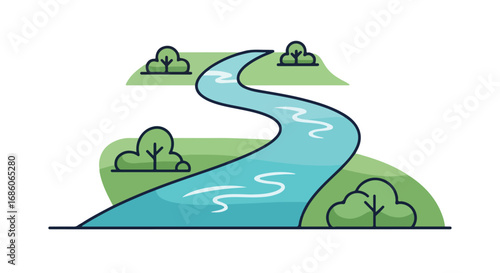 Scenic winding river landscape with lush greenery and tranquil water flow illustration, ideal nature representation with trees and landscape elements
